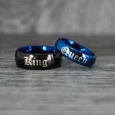 IMG_8010 Customizable Black Wedding Jewelry, Personalized Silver Rings For Marriage, Personalized Silver Rings For Wedding, Customizable Blue Round Jewelry, Blue Engraved Jewelry For Wedding, Blue Engraved Ring For Anniversary, Blue Engraved Rings For Anniversary, King And Queen Wedding, King And Queen Rings