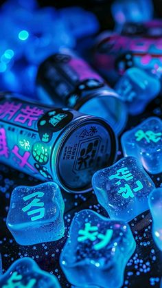 an assortment of ice cubes with chinese writing on them and lights in the background