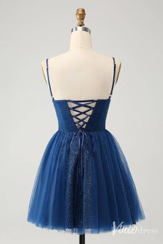 Navy Blue Spaghetti Strap Homecoming Dresses A lINE V-Neck Back to Sch – Viniodress Navy Homecoming Dress, Homecoming Dresses Sparkly, Sparkly Party Dress, Lovely Partner, Pleated Tulle, Dress Up Day, Dress Occasion, Wedding 2024, Evening Dresses Cocktail