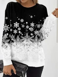 Black-white Casual Graphic Tops Round Neck Long Sleeve Snowflake Printed Xmas Sweatshirts Christmas Black Crew Neck Sweater, Black Long Sleeve Sweatshirt For Holiday, White Long Sleeve Sweatshirt For Winter, Casual Black Christmas Sweatshirt, Winter Holiday Sweatshirt, Black Long Sleeve Christmas Sweatshirt, Black Sweatshirt For Fall Holiday, Holiday Black Long Sleeve Sweater, Black Long Sleeve Christmas Tops