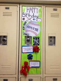 lockers decorated with happy birthday signs and ribbons