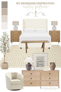 a bedroom with white furniture and neutral colors