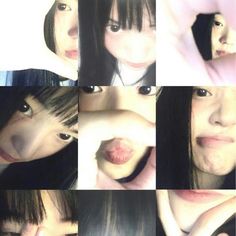 many different pictures of a woman with black hair and white makeup, holding her hand up to her face