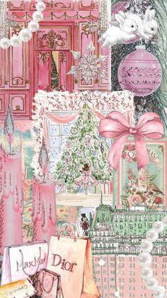 a collage of pink and white christmas decorations, gifts, and other items in front of a window