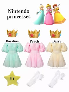 Princess Peach Daisy And Rosalina Halloween Costume, Rosalina Mario Costume Diy, Cute Duo Halloween Costumes Best Friends Disney Princess, 3person Halloween Costume, Peach Daisy And Rosalina Costume, Nintendo Characters Costumes, Mario Princesses Costume, Rosalina Mario Costume, Princess Daisy Halloween Costume