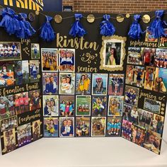 a bulletin board with pictures and tassels on it