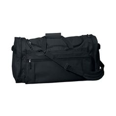 a black duffel bag on a white background with the handles down and one side open