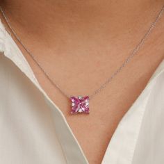 Pink sapphire princess cut channel set pendant necklace in 14K gold | Natural pink sapphire bar shape pendant | Pink necklace pendant choker GEMSTONE DETAILS : ✦ Gemstone : Pink Sapphire ✦ Gemstone Type : Natural ✦ Gemstone Size : 8x4 MM ✦ Gemstone Shape : Marquise ✦ Gemstone Weight : 2.66 carats ✦ Gemstone Grade : AAA DIAMOND DETAILS : ✦ Diamond Type : Natural ✦ Diamond Size : 2 mm ✦ Diamond Color : F-G ✦ Diamond Clarity : Slightly included ✦ Diamond Cut : Excellent - Very Good ✦ Diamond Weight Fine Jewelry With Pink Sapphire, Pink Cubic Zirconia Flower Pendant Necklace, Fine Pink Sapphire Necklaces For Formal Occasions, Pink Sapphire Pendant Jewelry, Fine Jewelry Pink Sapphire With Diamond Cut, Fine Jewelry With Diamond Cut Pink Sapphire, Silver Pink Sapphire Necklace Gift, Pink Sapphire Pendant Jewelry As Gift, Silver Pink Sapphire Necklace For Gift