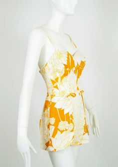 Yellow Polynesian Print Tulip Skirt Swimsuit Play Suit Beach Romper – S, 1950s For Sale at 1stDibs | polynesian skirt name Claire Mccardell, Play Suit, Beach Rompers, Skirt Swimsuit, Skirted Swimsuit, Tulip Skirt, Thrift Shopping, 1950s Fashion, Historical Fashion