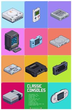 an illustrated poster with different types of electronic devices on it's sides and the words classic consoles written below