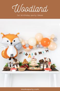 woodland 1st birthday party ideas with fox and bear balloons, forest animals cake toppers