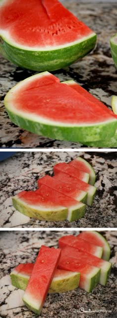 slices of watermelon are arranged on the counter to be cut into wedges