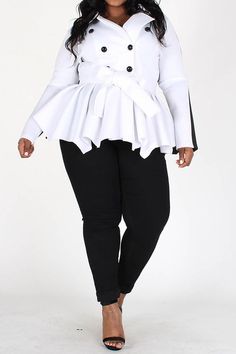 PLUS size hip length, double-breasted, color block pea coat, cinched and flared at the waist w/belt tie. Techno-95% Polyester 5% Spandex Black and White Plus Size White Shirt, Bodycon Tank Dress, Plus Size White, Bodycon Jumpsuit, Peplum Jacket, Belt Tie, Destroyed Jeans, Girls Boutique, Faux Leather Pants