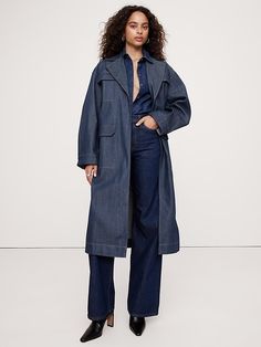 Oversized Denim Trench Coat | Banana Republic Regenerative Farming, Jean Trench Coat, Dressy Hats, Denim Trench Coat, Night Tops, Classic Trench Coat, Banana Republic Jeans, Pretty Blouses, Kick Flares