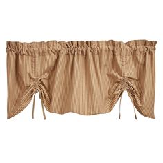 an image of a window valance with ties on the top and bottom, in tan stripes