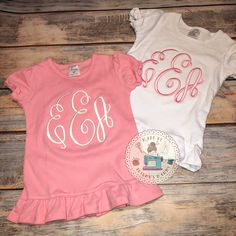 Fancy Circle Vine Monogram Embroidery Girls Shirt Pink Short Sleeve T-shirt With Machine Embroidery, Cute Fitted Tops With Custom Embroidery, Cute Fitted Top With Custom Embroidery, Pink Cotton Top With Machine Embroidery, Pink Monogrammed Crew Neck Top, Pink Monogram Crew Neck Top, Spring Tops With Custom Embroidery, Pink Crew Neck Top With Monogram, Pink Monogrammed Cotton Top