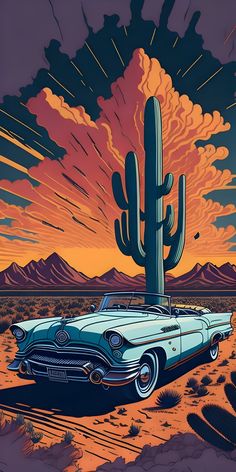 an old car is parked in front of a cactus and the sun sets behind it