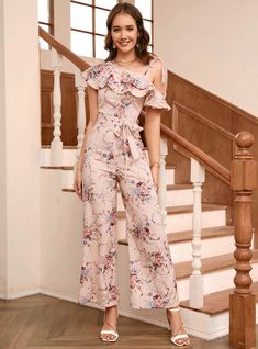 Printed Diagonal Shoulder Flounce Jumpsuit Leaf Sleeve, Plus Size Cosplay, Sleeveless Dresses Casual, Dresses Chiffon, Short Lace Dress, Lotus Leaf, Printed Long Dresses, Pink Midi Dress, Dress For Short Women