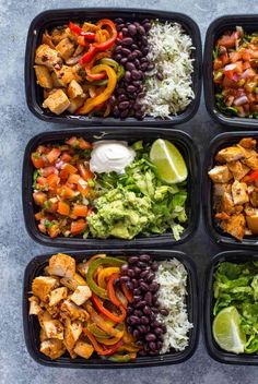 six plastic trays filled with different types of salads and rice, including chicken