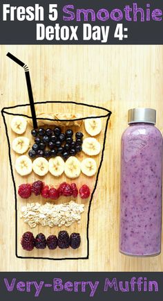 a smoothie in a glass with berries and bananas next to it