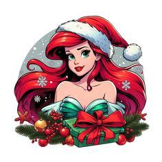 ariel from the little mermaid with christmas decorations around her neck and santa's hat on