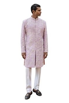 Mauve sherwani with pearl embroidery in floral pattern. Paired with matching kurta and off-white straight pant. - Aza Fashions Wedding Sherwani With Cutdana, Semi-stitched, Pink Fitted Sherwani With Cutdana, Semi-stitched Pink Sherwani With Long Sleeves, White Semi-stitched Sherwani With Cutdana, Pink Semi-stitched Long Sleeve Sherwani, Pearl Embroidery, Pearl Set, Silk Embroidery, Straight Pants