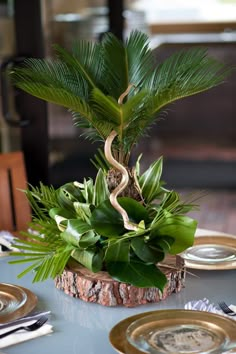 a table topped with a potted plant on top of a wooden stump