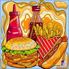 an image of fast food with french fries and ketchup on the side illustration