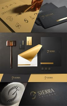 some gold and black business cards with the name sierra on them, along with a judge's hammer