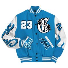 Brand Dunkare Retro University Blue 9s Varsity Jacket The G.O.A.T Flight Streetwear All Over Print Baseball Varsity Jacket Baseball Varsity Jacket, Types Of Jackets, University Blue, All Over Print, Varsity Jacket, Flight, Coats Jackets, University, Street Wear