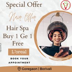 a flyer for a hair salon with a woman in a helmet on her head and text that reads special offer