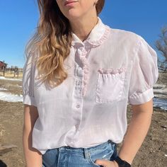 "^ 70s Soft Pale Pink Short Sleeve Lace Trim Round Collar Blouse. This Has lace Trim up the Front and Pocket as well and buttons up the front. The Sleeves are slightly ballooned with a fitted band on cuff. Women's Size: M (see measurements) Vintage Size: no tag Content: 100% Cotton Label: Just Four Made in USA ^ Please note specific garment measurements below: Bust: 19\" (38\" Doubled) armpit to armpit when closed Sleeves: 9\" Length: 24\" * condition * Excellent Condition Follow us on IG @bbwes Suede Fringe Vest, Cotton Labels, Lace Collar, Collar Blouse, Pink Shorts, Pink Blouse, Pink Lace, Short Sleeve Blouse, Round Collar