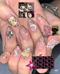 Hello Kitty Nails Almond, Hello Kitty Almond Nails, Sanrio Nail Art, Characters Nail Art, Almond Stiletto Nails, Hello Kitty Leopard, Aesthetic Nail Art, A Nail Design, Almond Stiletto