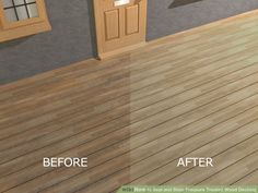 the before and after image of a wood floor in an empty room with doors open