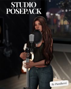 a woman holding a microphone in front of a recording studio backdrop with the words studio pose pack