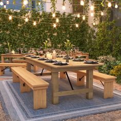 an outdoor dining table with benches and lights strung over the top, surrounded by greenery