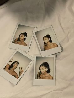 four polaroid photos of a woman on a white sheet