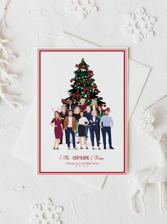 a christmas card with an image of people standing in front of a tree on it