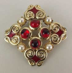 Vintage Brooch Pin Signed MWS Red Cabochon Pearl Goldtoned Square Statement  | eBay Vintage Red Pins For Gifts, Vintage Red Pins As Gift, Vintage Red Pins For Gift, Retro Red Brooch Jewelry, Red Retro Brooch Jewelry, Antique Red Brooch For Formal Occasions, Ornate Red Jewelry Brooch, Vintage Red Brooches For Formal Occasions, Red Formal Costume Jewelry Brooches