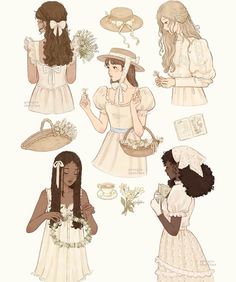 some girls in dresses and hats with flowers