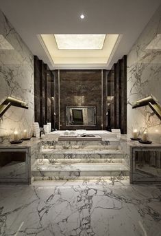 an elegant bathroom with marble steps leading up to the ceiling