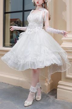 Fabric: Polyester Style types: Sweet Lolita Season: Spring, Summer, Autumn, Winter Include: Dress + Veil + Bowknot Size (IN) Bust Waist Front Length Hem S 33.07 29.53 40.16 167.72 M 34.65 31.10 41.34 169.29 L 36.22 32.68 42.52 170.87 XL 37.80 34.25 43.70 172.44 Size (CM) Bust Waist Front Length Hem S 84 75 102 426 M 88 79 105 430 L 92 83 108 434 XL 96 87 111 438 Style Types, Spring Summer Autumn Winter, Frilly Dresses, Girly Dresses, Sweet Lolita, White Sleeveless, Fancy Outfits, Lolita Fashion, Season Spring