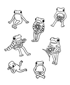 four frogs with different patterns on their backs and legs, all in black and white