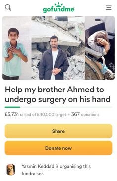 an image of two men in front of a pile of rubble with the caption help my brother aimed to undergo surgery on his hand