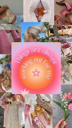 there is a collage of pictures with flowers and things in the background that are pink