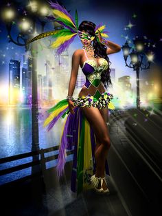 a beautiful woman in a colorful costume standing on a bridge with lights and buildings behind her