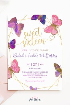 a pink and purple birthday party card with gold foil butterflies