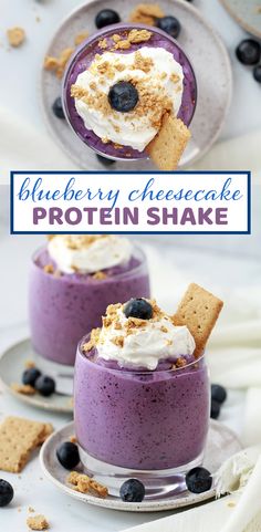 blueberry cheesecake protein shake in a glass bowl with graham crackers on the side