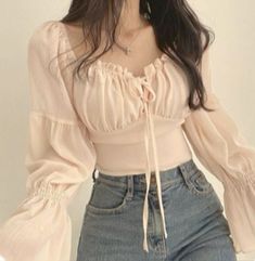 #coquettestyle Aesthetic Tops, Fairycore Clothes, Tops Korean, Women Chiffon Blouse, Blouse Summer, Laced Up Shirt, Cooler Look, Elegant Blouses, Womens Tops Summer