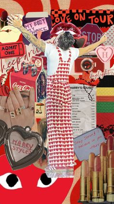 a collage with many different items including lipstick, paper and stickers on it